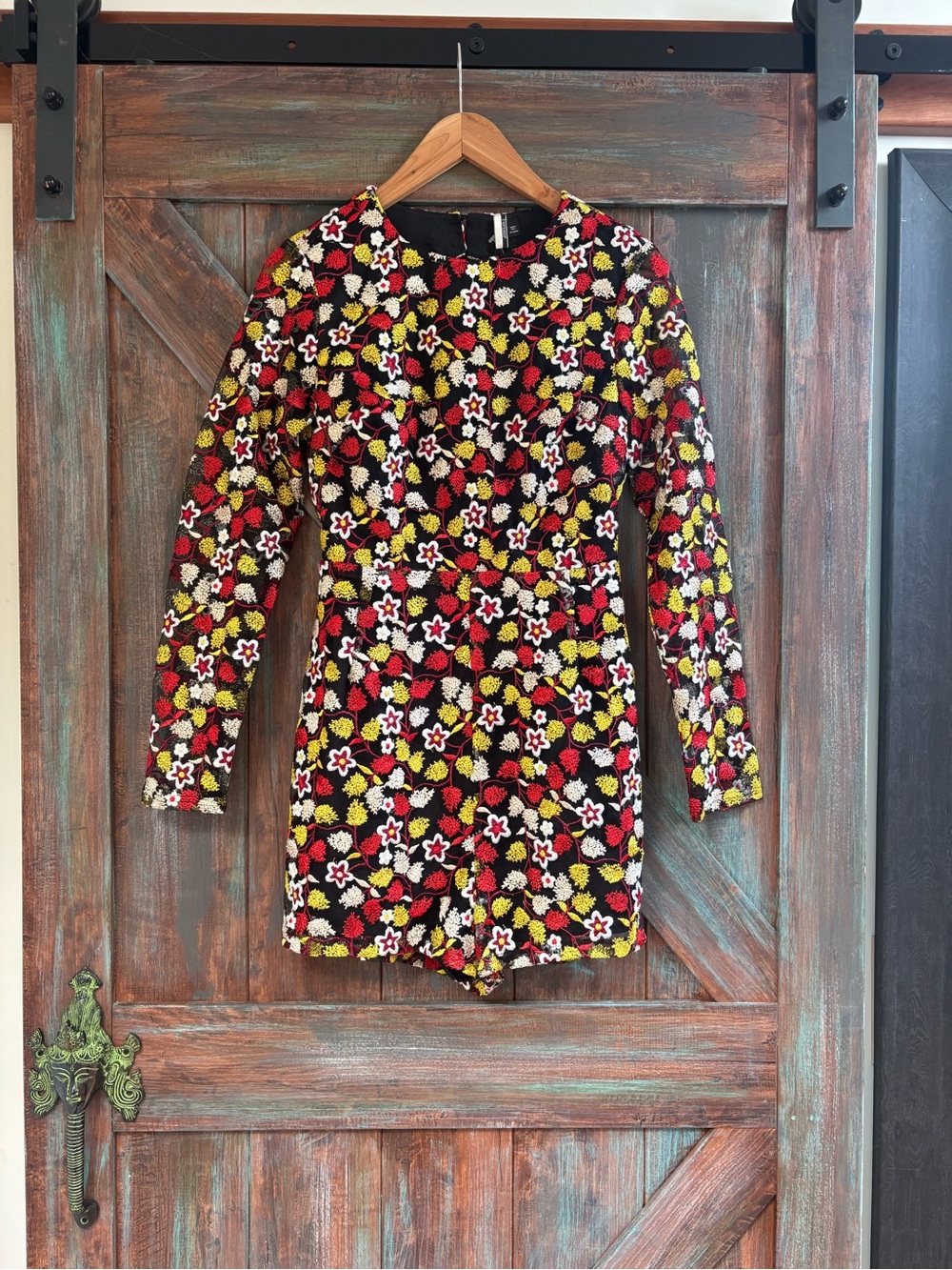 Topshop Black Romper with Red, Yellow & White Floral Embroidery